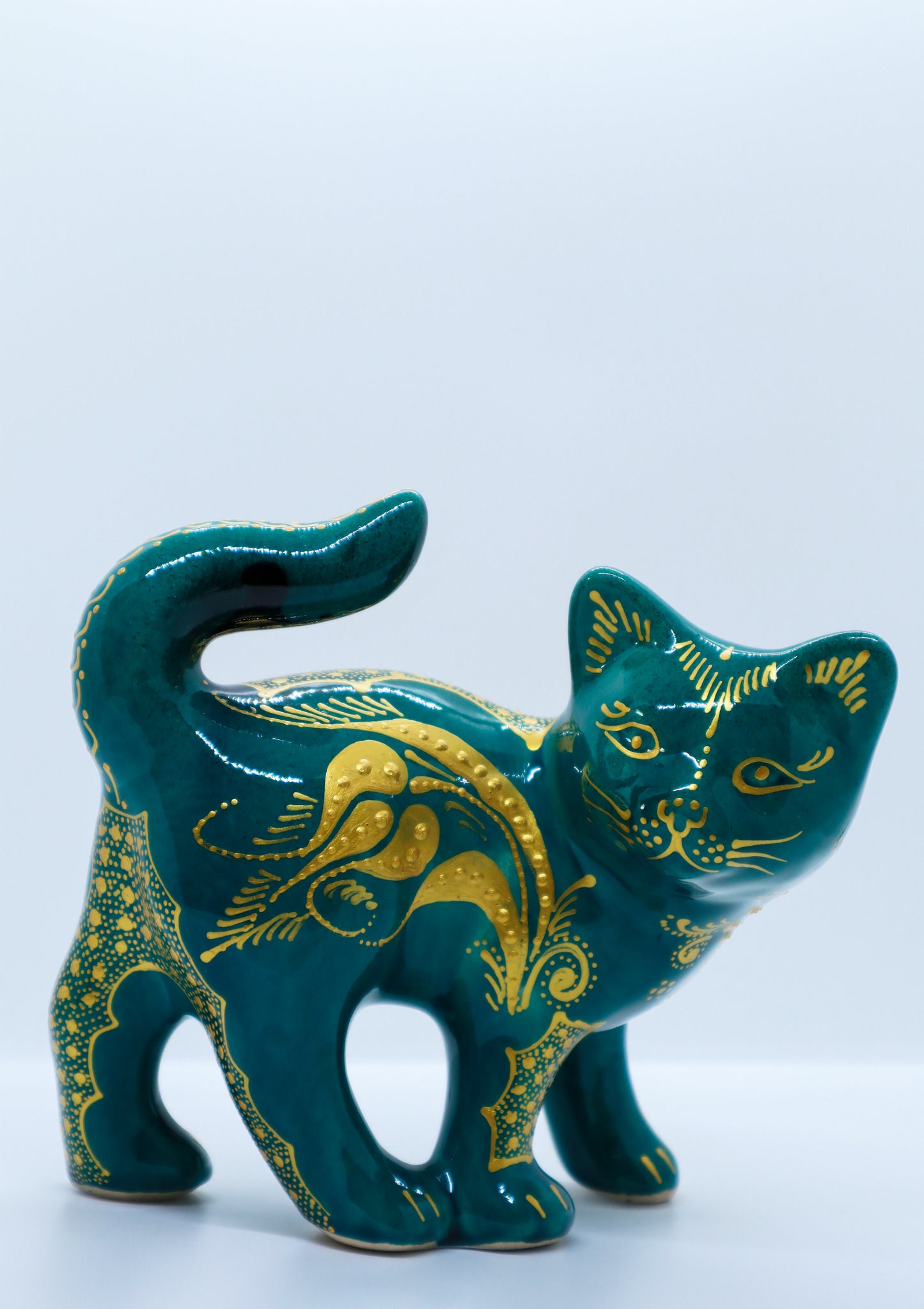 Pisică mare turkuaz-auriu ceramică decorativă